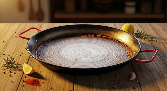 Empty paella pan resting on a wooden table with fresh lemon slices and aromatic scattered dry herbs