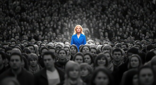 Female speaker addressing large audience during conference. Businesswoman delivering presentation in a professional setting.