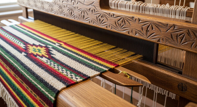 Handcrafted traditional textile woven on a vintage wooden loom featuring colorful patterns for home decor and artistic heritage