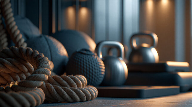 Cinematic photo of battle ropes, medicine balls, and kettlebells in a modern gym studio. Features mirror reflections, dramatic lighting, and right-side copy space for fitness ads and health branding.