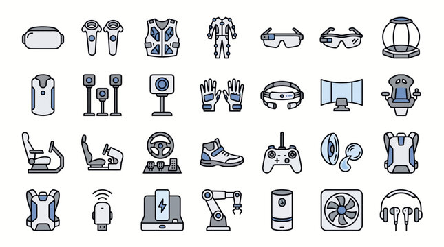 Virtual reality technology icons depict various gaming headsets, controllers, and haptic equipment.