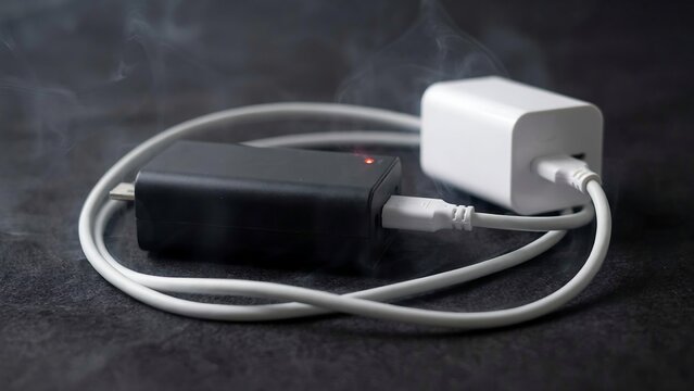 Black and white power chargers with connected usb cable on dark surface
