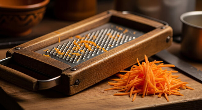 Wooden kitchen grater shreds fresh orange carrots into thin pieces for a healthy meal on a cutting board