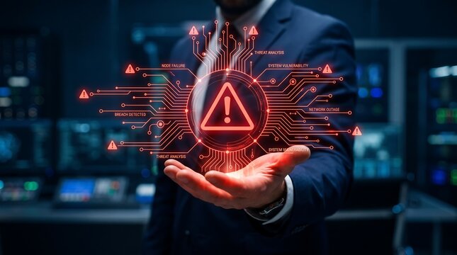 Business executive holding glowing red digital alert icon representing cybersecurity threat detection and system vulnerability analysis within a modern server room environment