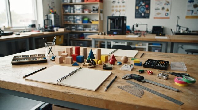Wooden workbench with open notebook, engineering tools, and geometric blocks in a bright school makerspace classroom, capturing a focused atmosphere for technical education and creative development