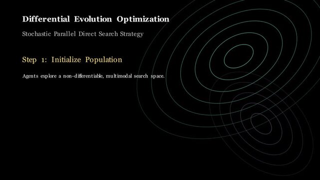 2D math animation of differential evolution optimizing a multi-modal cost function, showing a populating agent swarm mutating and converging to a global minimum, conceptual numerical optimization