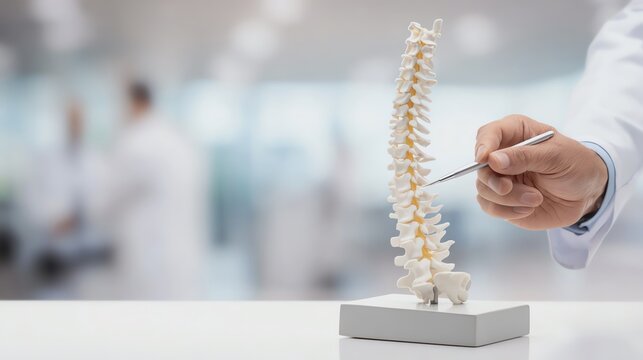 Medical professional studies a spine model.