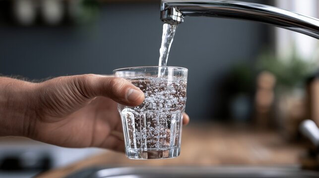 Fresh tap water pouring from a chrome faucet into a glass held by hand. Ideal for hydration and health.