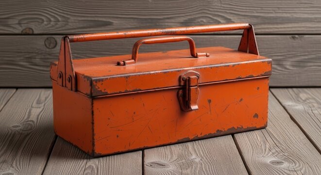 Vintage Orange Metal Tool Box on Wooden Planks.