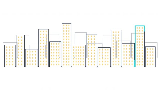 Animated cityscape skyline with building outlines and light patterns, modern urban motion graphic