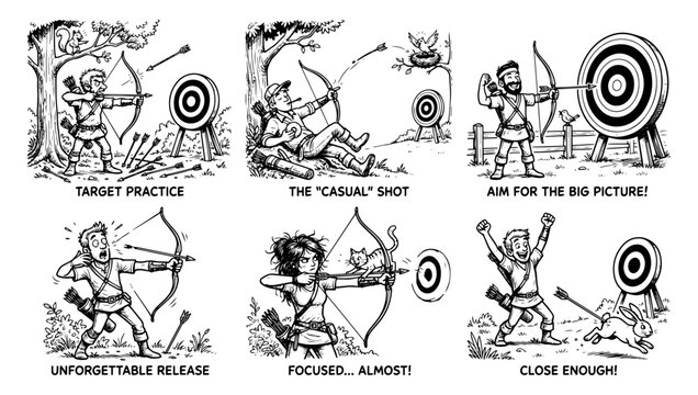 Archery training steps illustration. Comic style drawings showing bow and arrow technique.