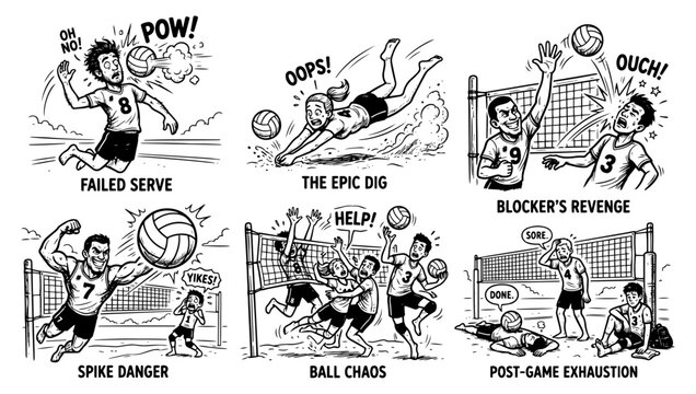Volleyball cartoon set with funny player actions. Comic style sketches of sports game.