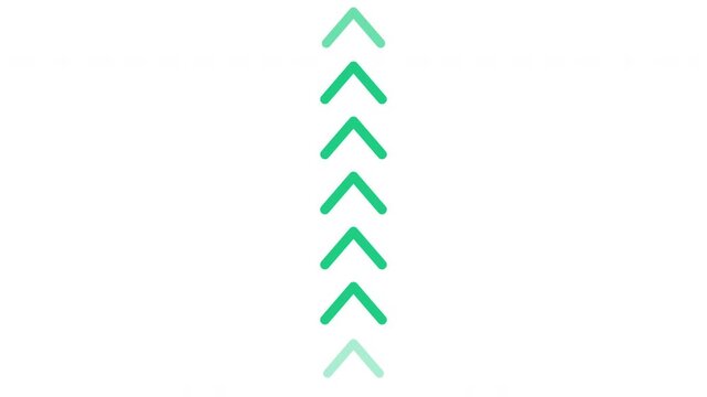 Looping animation of green arrows moving up, direction change, swipe up gesture