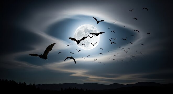 Silhouetted birds flying against a full moon. Nighttime wildlife scene with soaring birds and dark sky.