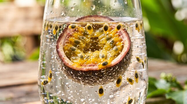 detailed Macro photo of passion fruit floating sparkling&hellip; 2k showing abstract micro structural details and textures with professional studio lighting