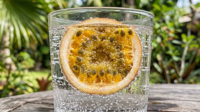 detailed Macro photo of passion fruit floating sparkling&hellip; 2k showing abstract micro structural details and textures with professional studio lighting