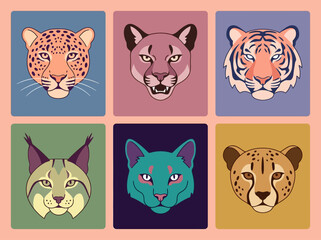 Set of Six Stylized Wild Cat Portraits in Modern Flat Design © Desti