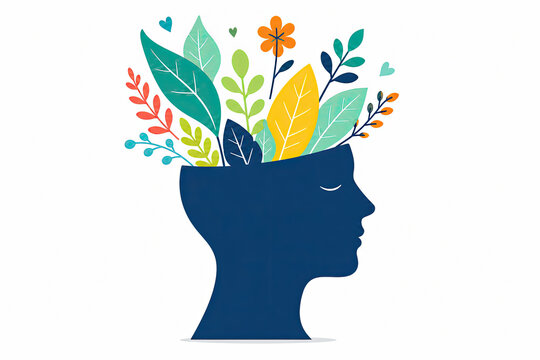 Human head silhouette with colorful leaves growing out of it