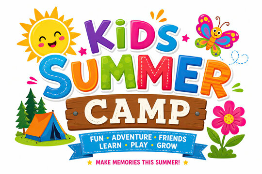 Colorful Kids Summer Camp Typography Design with Cute Nature Elements