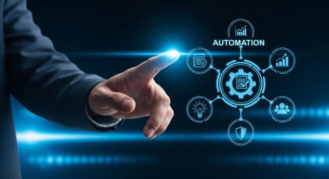 Businessman interacting with automation technology interface with glowing blue icons