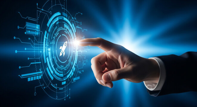 Businessman interacting with futuristic interface launching a rocket