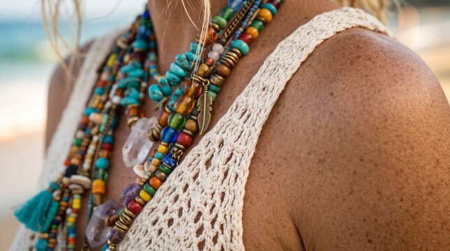 Macro photo of woman's shoulder with necklaces 2k showing woman's features showing delicate skin pores natural beauty details and high-resolution skin texture with professional studio lighting