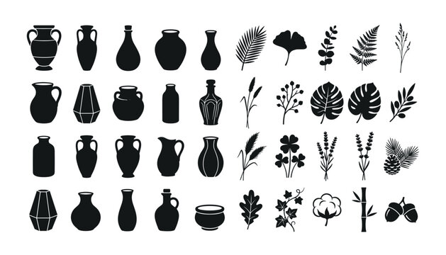 Boho ceramic vase and botanical leaf silhouette vector set featuring pottery jugs amphoras monstera fern lavender and floral design elements