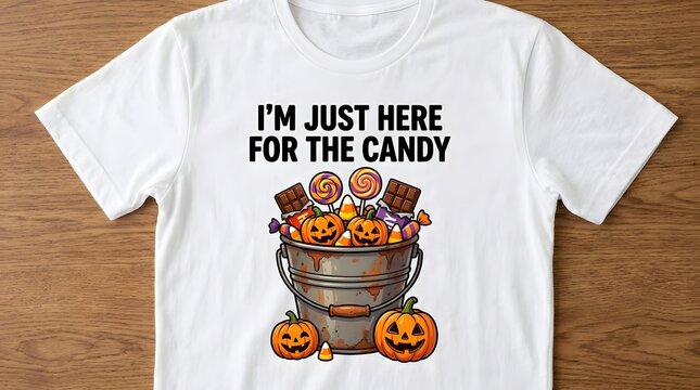 White tshirt with im just here for the candy halloween graphic design isolated on white background