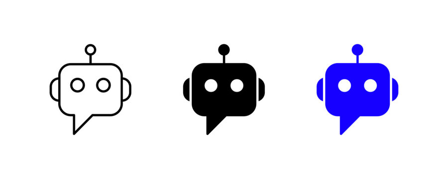 Minimalist robot head icons set, black outline, solid black, solid blue, chat bot logo variations, AI assistant design inspiration vector