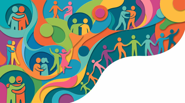 Vibrant abstract illustration of diverse human figures connecting, hugging, and holding hands within a colorful, flowing design, symbolizing community and relationships.