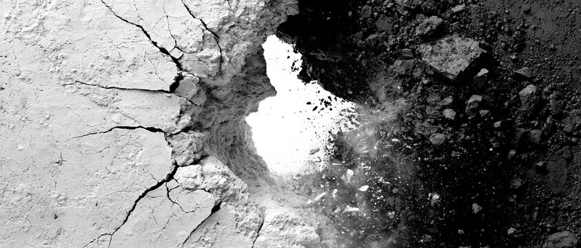 Big  hole in the center of breaking black and white wall , action background image.