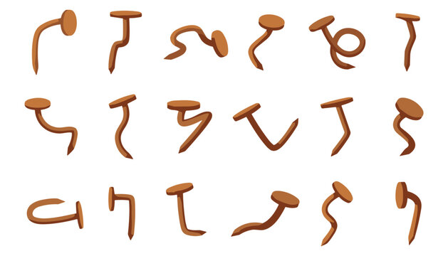 Bent rusty iron nails vector set with old distorted crooked metal spikes for construction carpentry repair work illustration