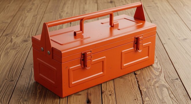 Vintage orange metal toolbox on rustic wooden planks.