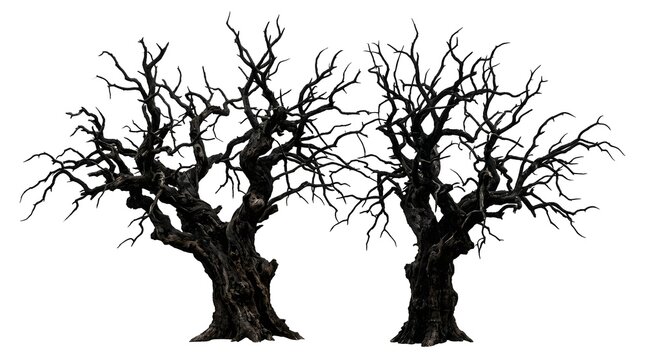 Two spooky gnarled dead trees with bare branches isolated on white background