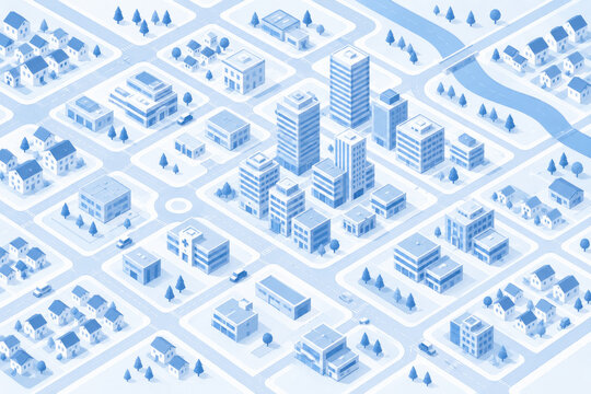 Isometric blue city map with skyscrapers and streets