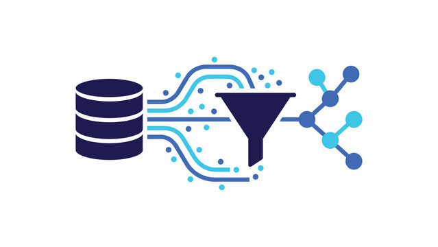 Data pipeline funnel filtering database records into structured nodes, flat blue vector data processing and analytics concept