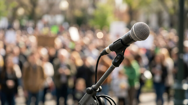 Microphone at a public protest. Speaker equipment addressing a blurred crowd of people.