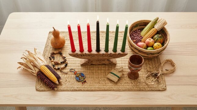 Kwanzaa celebration table setting with kinara, fruits, and traditional decorations