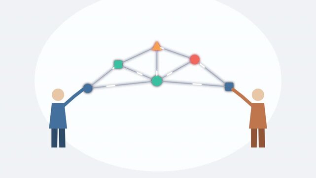 Animated flat design two people build workflow network with geometric shapes