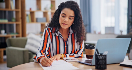Writing, paperwork and woman in home for remote work, finance review and budget planning. Wfh,...
