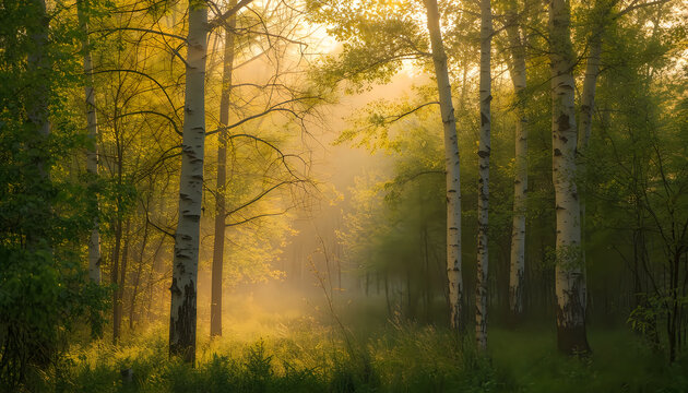 Birch Forest with Golden Sunlight and Morning Mist in Spring