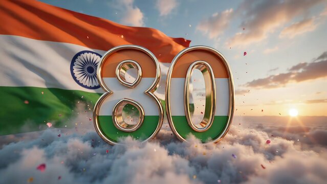 Eighty number in tricolor theme standing on clouds with indian national flag waving in sunset sky for 80th independence day anniversary celebration of freedom and patriotism theme.