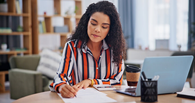 Writing, paperwork and woman in home for remote work, finance review and budget planning. Wfh, accounting and person with documents, laptop and financial report for revenue, portfolio and audit