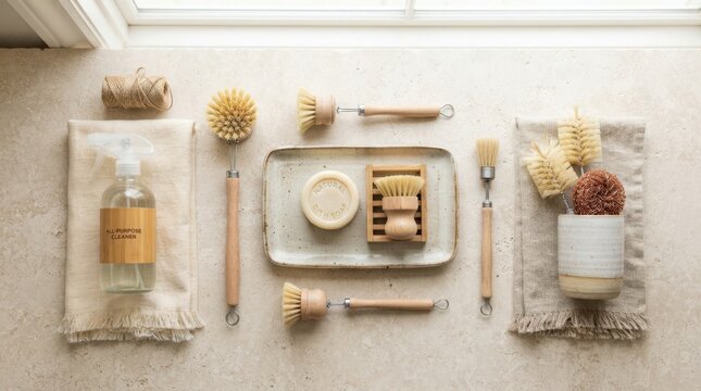 Eco-friendly kitchen cleaning tools and natural soap arranged on a stone countertop