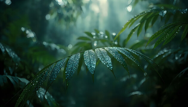 Fern leaves with water droplets in dark misty tropical rainforest close-up