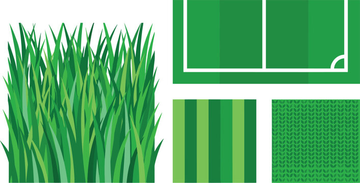 Green Grass Turf and Football Field Vector Collection Featuring Seamless Lawn Textures Striped Pitch Patterns and Tall Grass Elements for Sports and Landscaping Designs