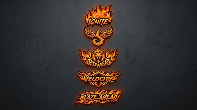 Glowing fire typography on dark textured wall background.