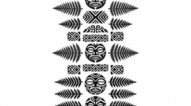 Black Polynesian patterns with ferns and masks.