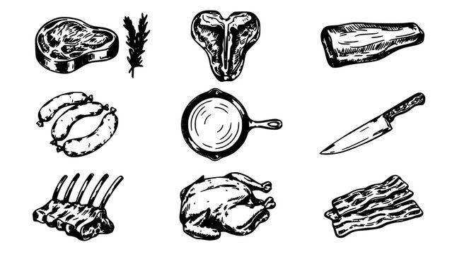 Meat Illustration Showcasing Various Cuts, a Knife, and a Pan for Cooking Featuring Steak, Ribs, Chicken with Bacon and Black