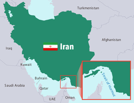 Ultra high detail Iran map with enlarged Strait of Hormuz, national flag, and neighboring country names